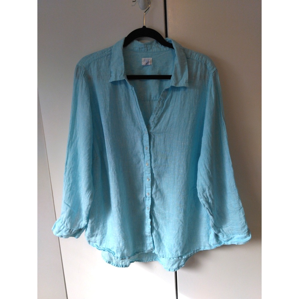 Sigrid Olsen Womens  Linnen Button Down Shirt Plus Size 2x Blue Coastal Resort